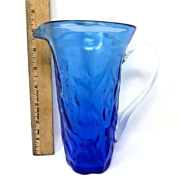 Studio Art Glass Pitcher Hand Blown Textured Ombre Blue Clear Handle 7" Tall - Picture 9 of 12